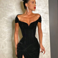 Schwarze Meerjungfrau Samt Ballkleider Sexy Falten High Slit Abendkleid Flügelärmeln Prinzessin Party Kleider Anpassen nv250