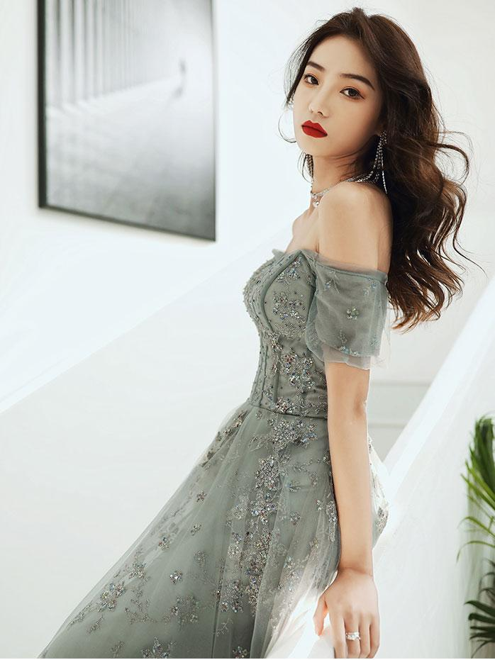 Robe de soirée verte à épaules dénudées et en dentelle, robe longue de soirée trapèze nv450