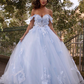 Blue Tulle Off Shoulder Applique Sweep Train Ball Gown Dress nv216