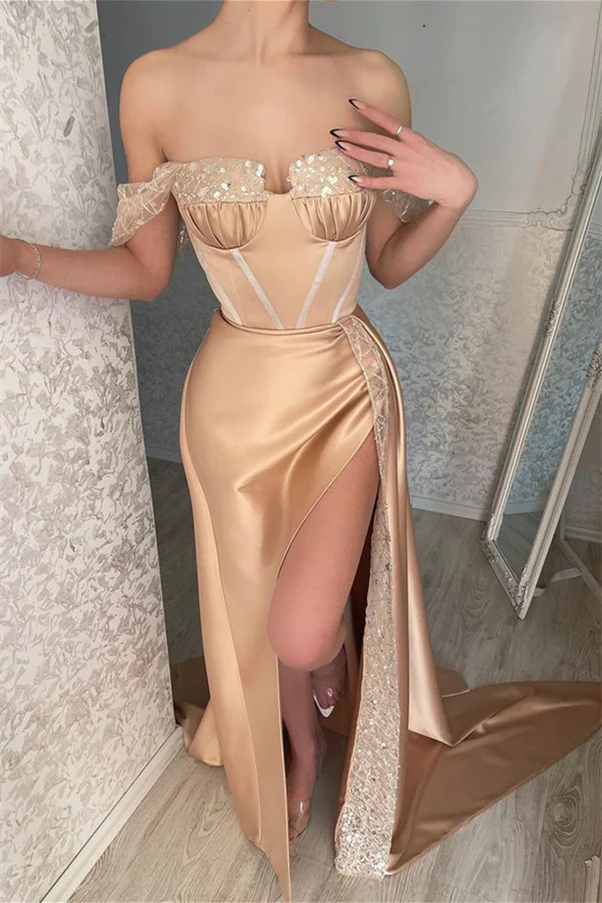 Glamorous Off-the-shoulder Sequined Sleeveless Mermaid Prom Dress With Slit nv369