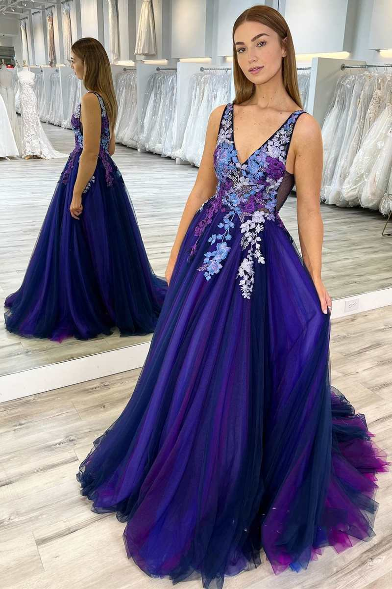 Robe de bal longue dos nu en dentelle florale violette ombrée nv564