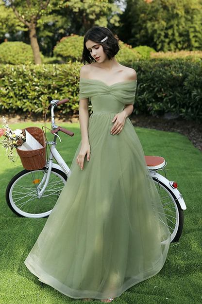 Robe de soirée longue en tulle vert, robe trapèze nv553