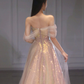 A-Linie Tüll Pailletten Langes Ballkleid, Schulterfreies formelles Abschlusskleid nv425