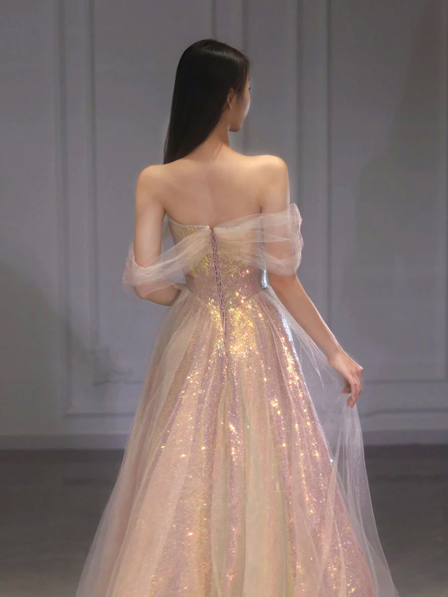 A-Linie Tüll Pailletten Langes Ballkleid, Schulterfreies formelles Abschlusskleid nv425