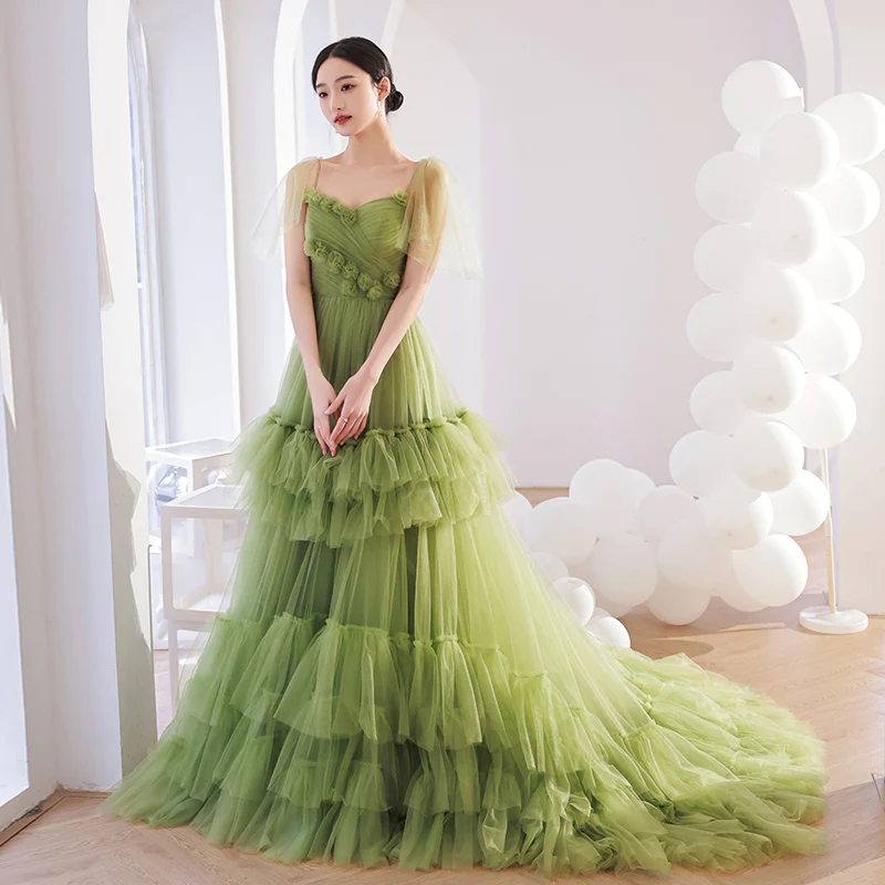 Robe longue de soirée en tulle vert clair à plusieurs niveaux, robe de soirée de mariage en tulle nv439