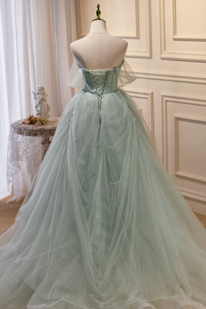 Robe de soirée à épaules dénudées en tulle vert avec perles, robe verte Sweet 16 nv891