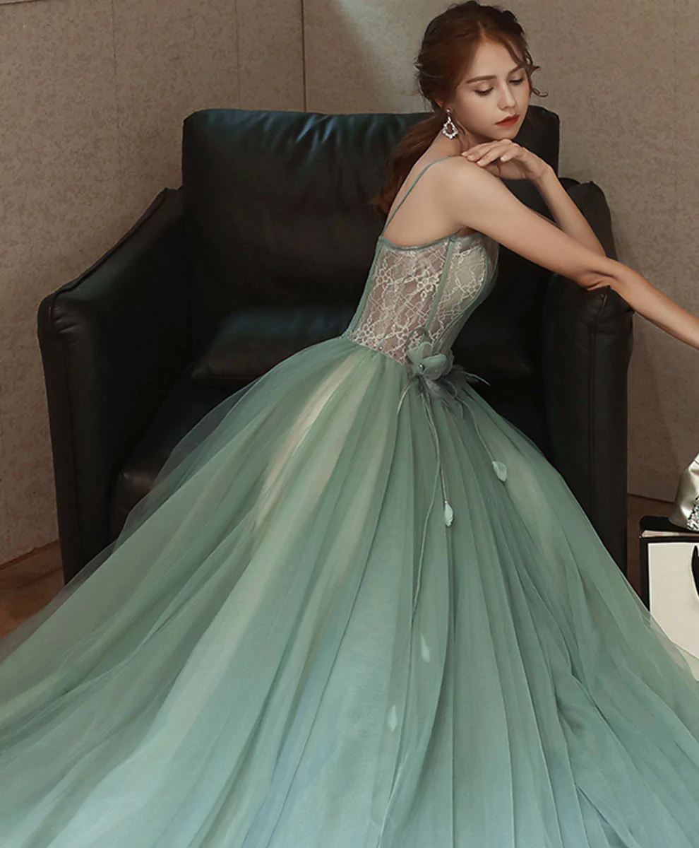 Grünes langes Ballkleid aus Tüllspitze Grünes formelles Spitzenkleid aus Tüll nv543