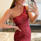 Dunkelrotes One-Shoulder-Meerjungfrau-Ballkleid mit Pailletten nv223