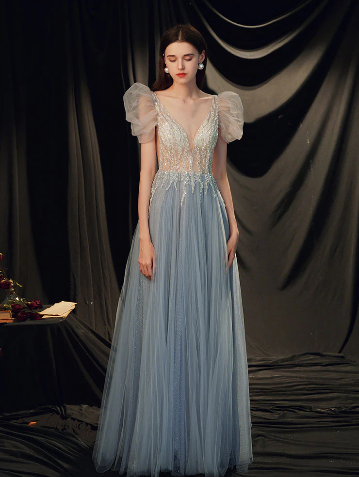 Graublaues langes Ballkleid mit V-Ausschnitt und Pailletten aus Tüll, graublaues Abendkleid nv422