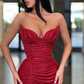 Wunderschönes burgunderrotes Ballkleid im Meerjungfrauen-Stil mit Spaghettiträgern, hohem Schlitz und langem Ärmel nv183
