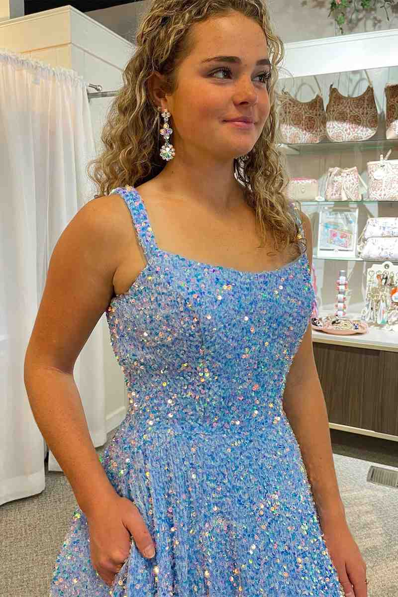 Straps Grape Square Neck Sequins Prom Dress with Pockets nv262