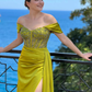 Robe de bal vert olive à épaules dénudées avec fente et perles nv509