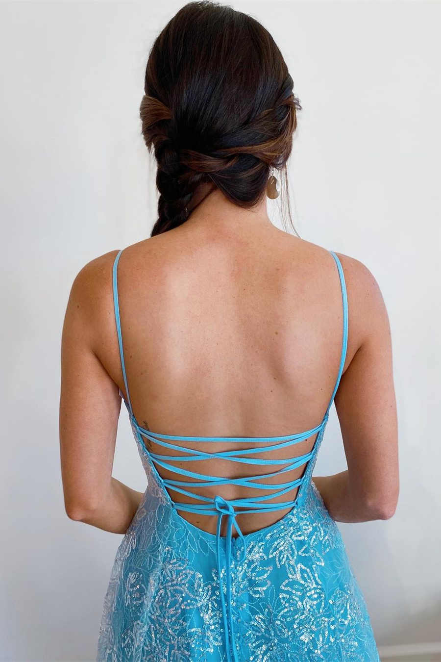 Robe de bal longue trapèze à bretelles bleues Princess nv427