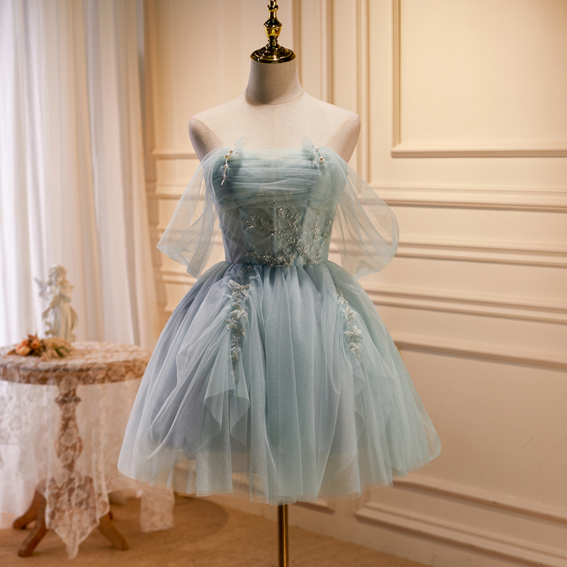 Süßes kurzes A-Linien-Ballkleid aus Tüll mit Perlenbesatz nv557