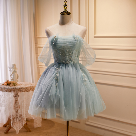 Süßes kurzes A-Linien-Ballkleid aus Tüll mit Perlenbesatz nv557