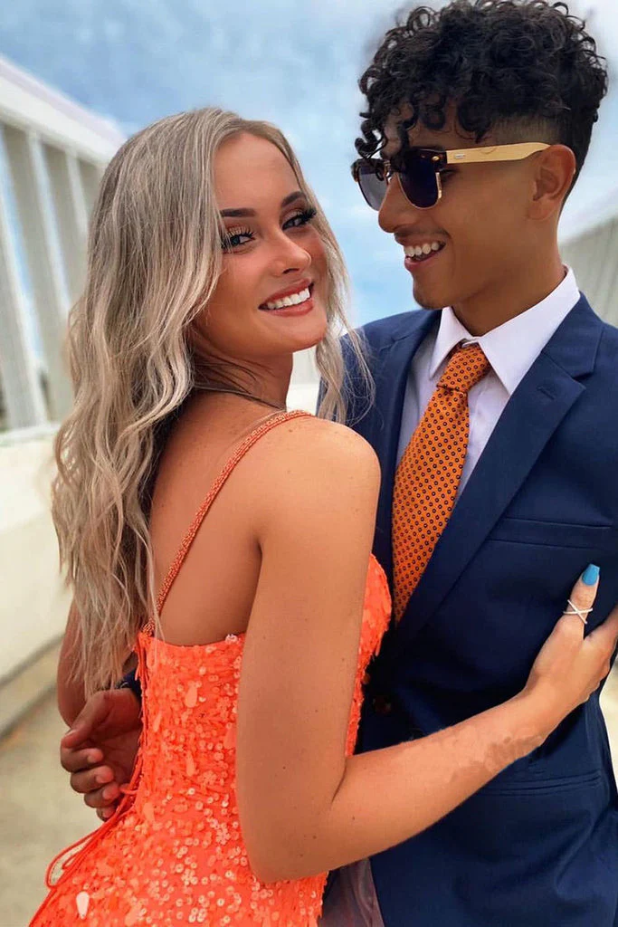 Mermaid Orange Sequin High Slit Spaghetti Straps Prom Dresses nv942