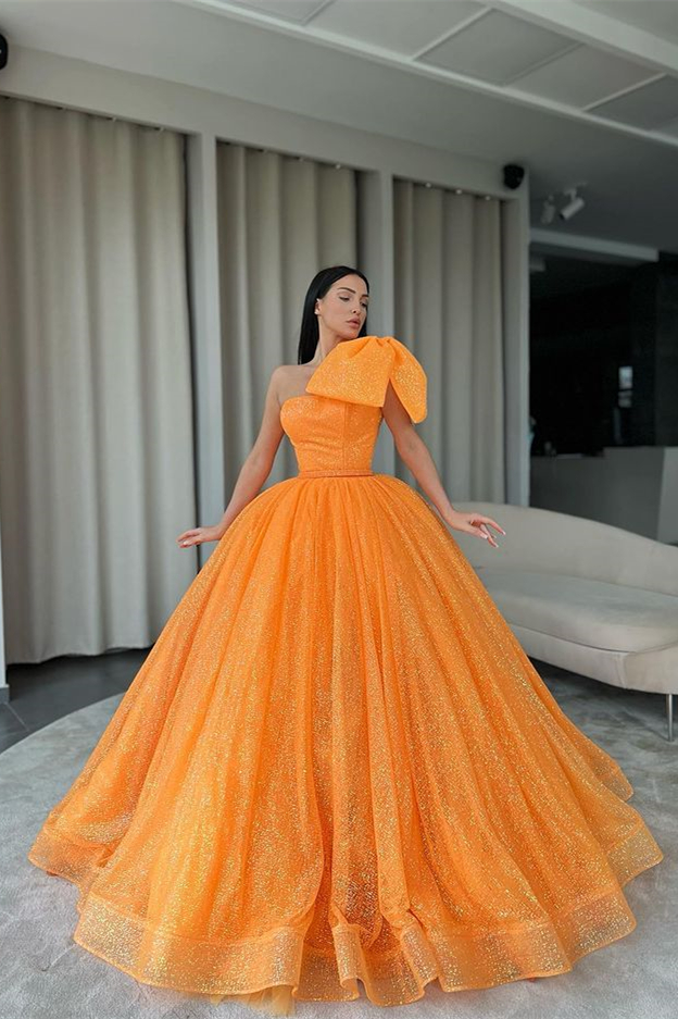 Bellasprom Ballkleid Orange Ballkleid Pailletten Mit Schleife Ein Schulter nv558