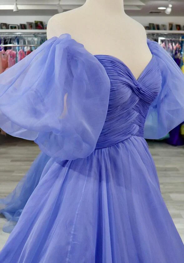 Off-Shoulder Puff Sleeves Pleated Long Prom Dress nv1026