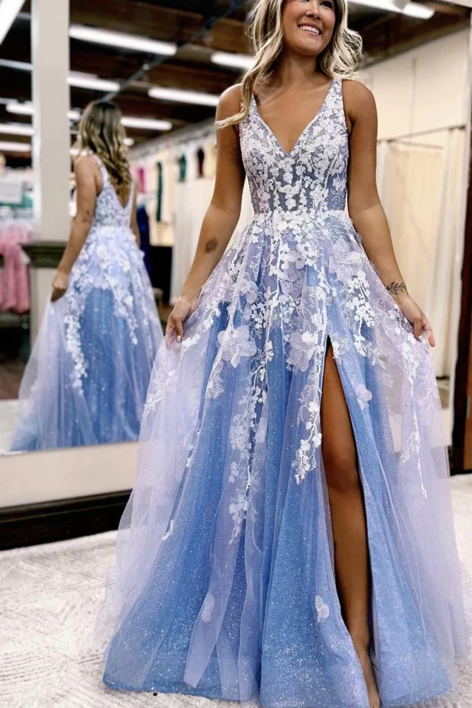 Robe de soirée longue en tulle bleu brillant à col en V et dentelle blanche avec fente haute, robe de soirée formelle bleue nv998