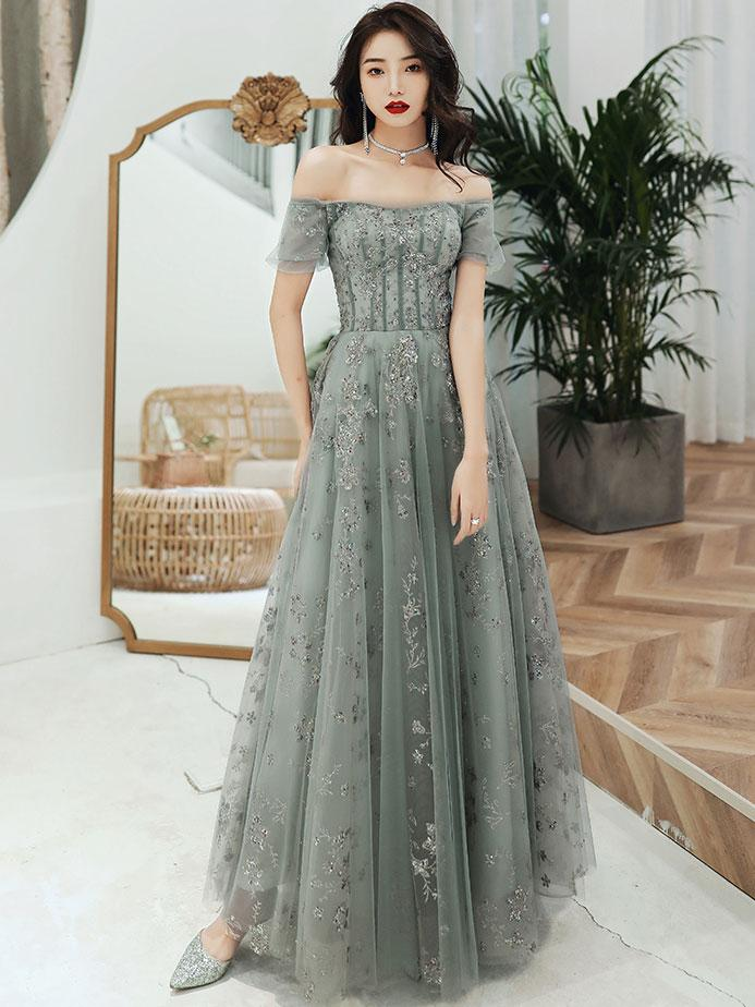 Robe de soirée verte à épaules dénudées et en dentelle, robe longue de soirée trapèze nv450