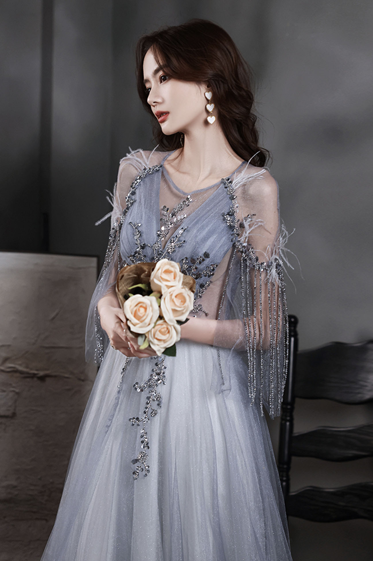 GRAUES TÜLL-PAILLETTEN-LANGES BALLKLEID A-LINIE-ABENDKLEID nv423