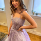 Robe de soirée longue en tulle à bretelles en dentelle violet clair nv562