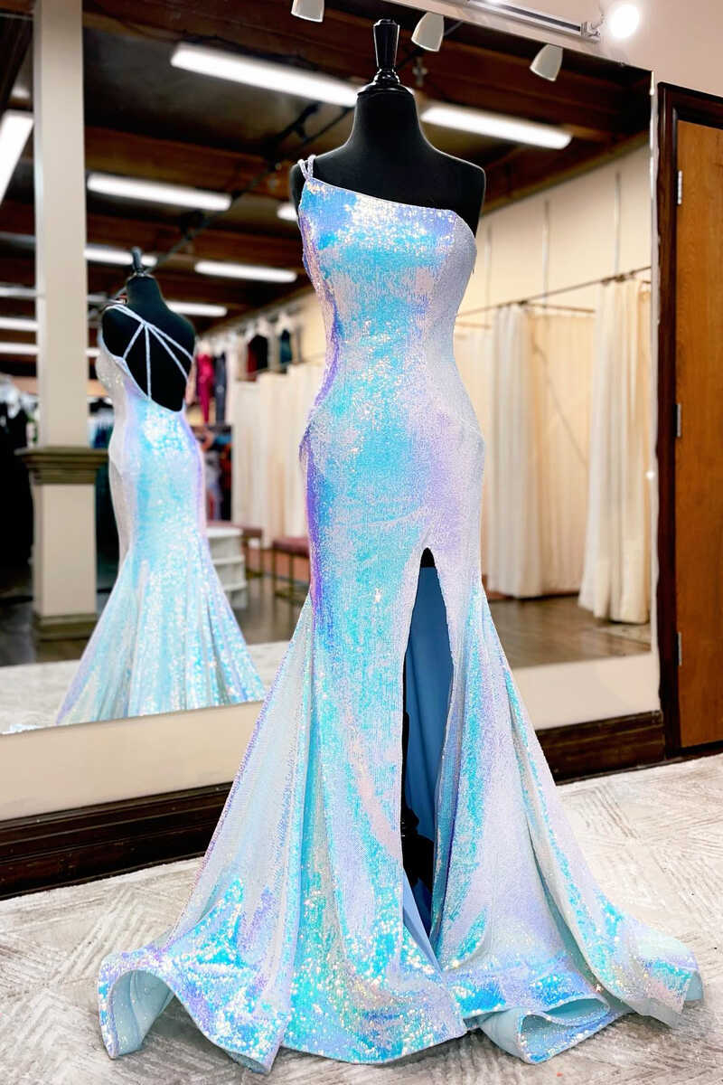 Shiny One-Shoulder Backless Mermaid Long Formal Dress with Slit nv468