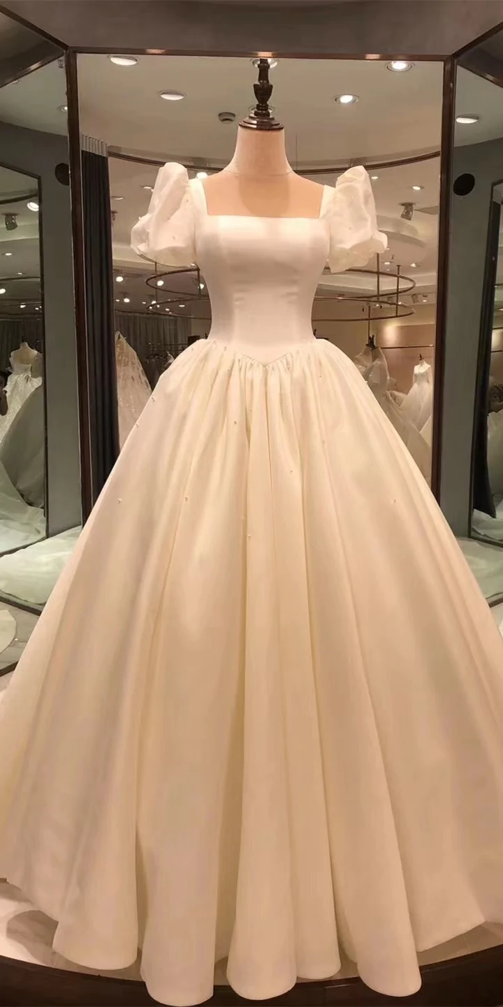 Weiß Vintage Elegante Perle Perlen A-linie Lange Satin Ballkleid Abendkleid Brautkleid nv388