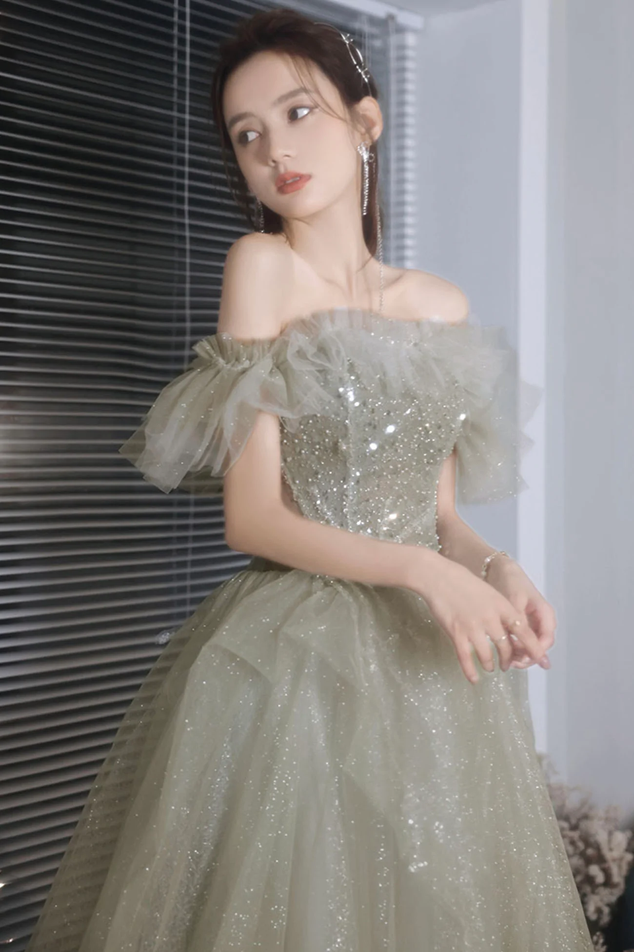 Grünes, langes Ballkleid aus Tüll mit Perlen, A-Linie, formelles Abendkleid nv452