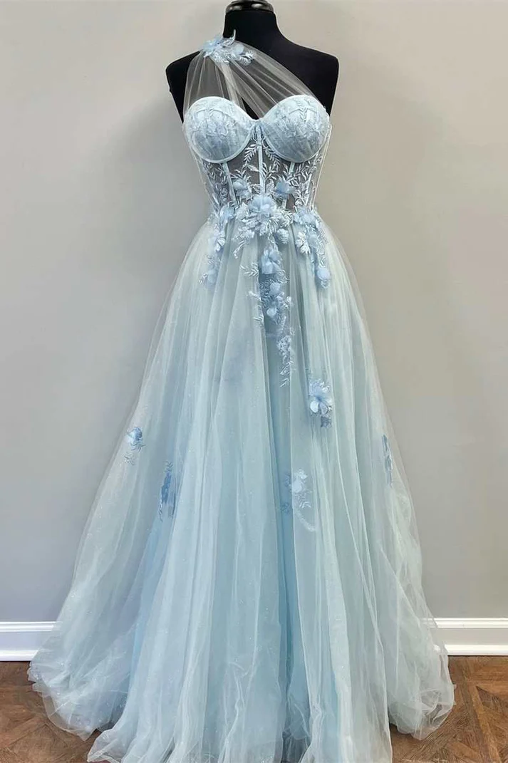 Märchenhaftes hellblaues A-Linien-Ballkleid mit herzförmigem Ausschnitt und 3D-Blumenspitze nv818