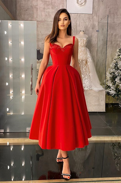 Robe de bal rouge mi-longue à décolleté en cœur avec bretelles à paillettes nv570