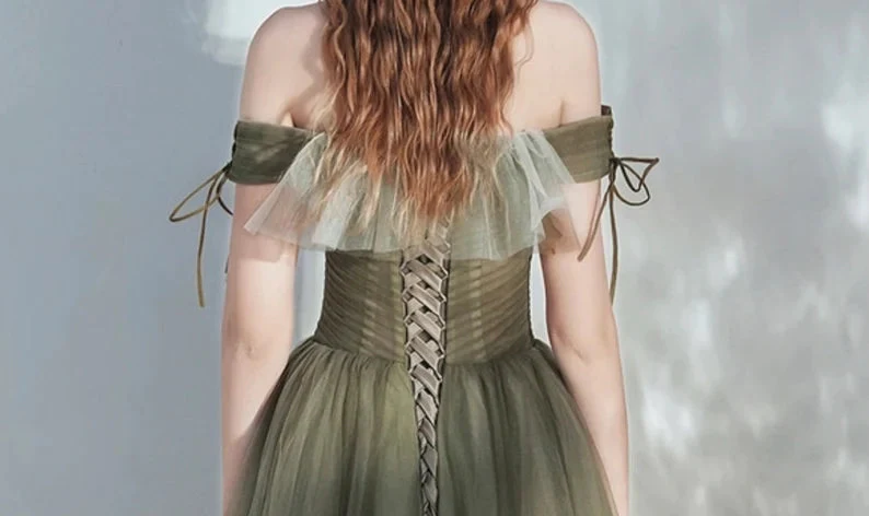 Robe de soirée élégante en tulle à épaules dénudées et longueur au sol, robe de bal nv437