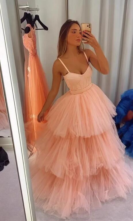 Rosa Abendkleid aus Tüll mit Spaghettiträgern nv560