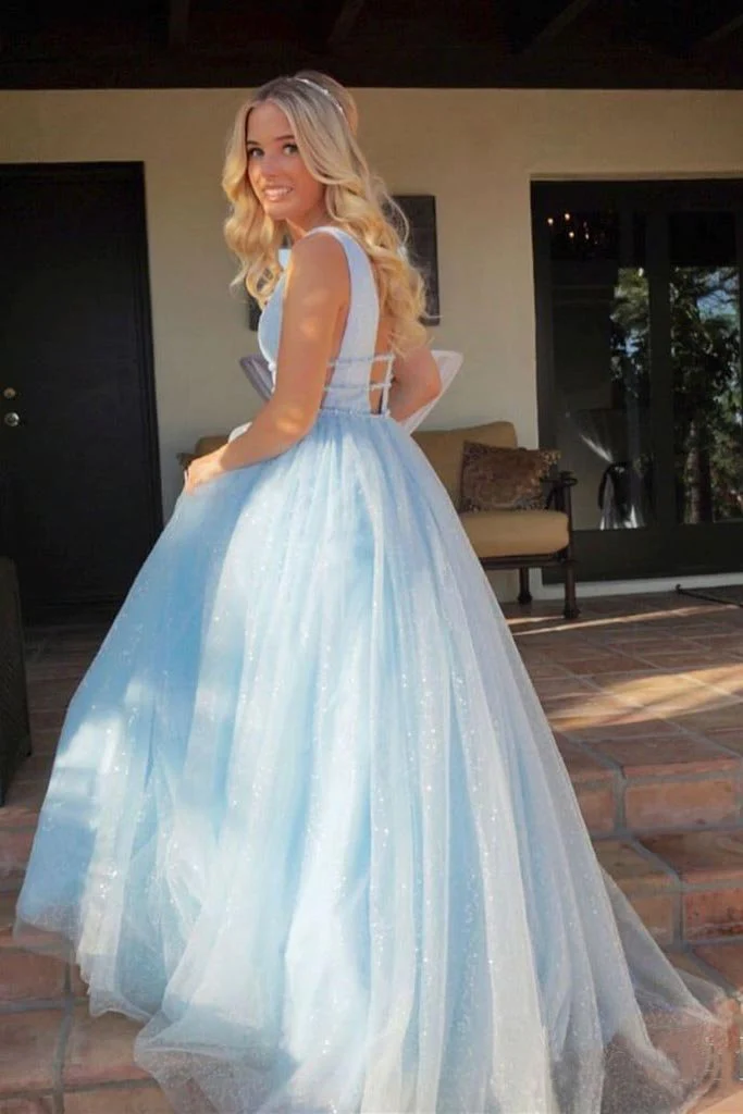A-Linie, tiefer V-Ausschnitt, Ballkleid, Ballkleid, offener Rücken, weiße Abendkleider, nv209