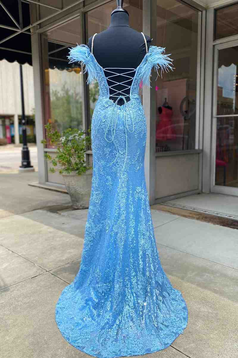 Light Blue Appliques Long Prom Dress with Detachable Feathered Shoulder nv469