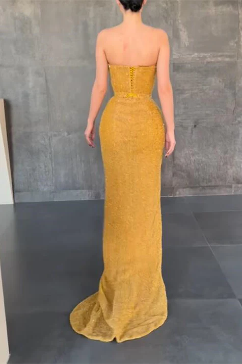 Sexy Yellow Sleeveless Mermaid Prom Dress With Side Slit nv244