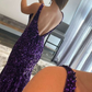 Charmantes Meerjungfrau-Abendkleid mit tiefem V-Ausschnitt und lila Pailletten, langes Ballkleid, NV227