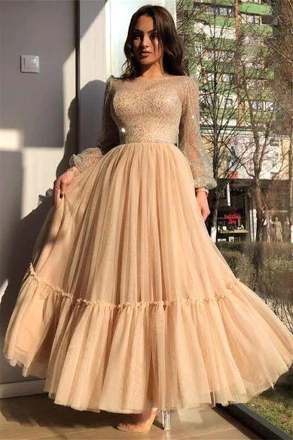 ROBE DE BAL À PAILLETTES À MANCHES LONGUES ET À BIJOUX, LONGUE CHEVILLE, MULTICOUCHE, nv571