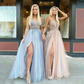 Glamouröses Ballkleid aus Tüll mit V-Ausschnitt, Spaghettiträgern und Perlenverzierung, langes Abendkleid NV155