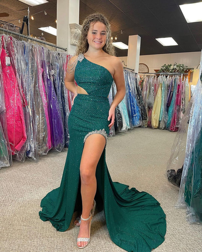 Superbe robe de bal sirène à une épaule vert foncé avec perles nv824