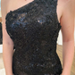 Robe de soirée longue en dentelle noire à paillettes et à fente nv966