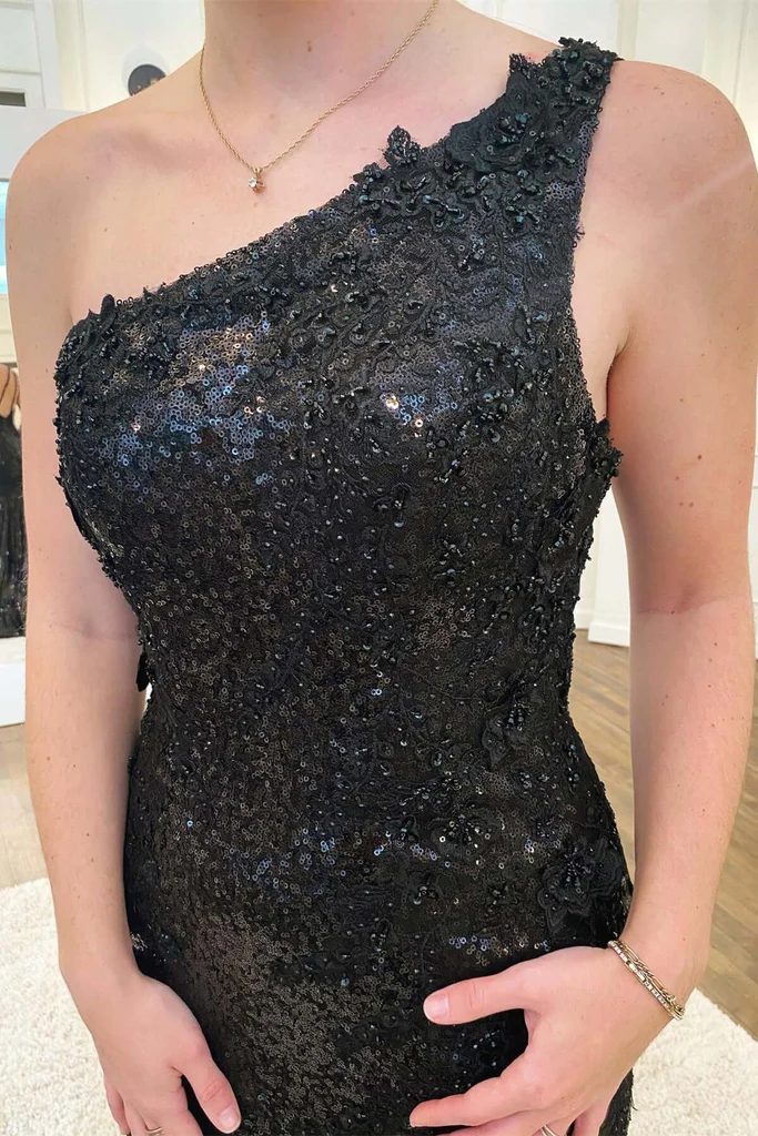 Robe de soirée longue en dentelle noire à paillettes et à fente nv966