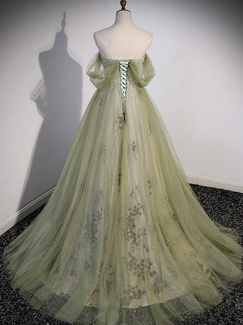 A-Linien-Ballkleid aus grünem Tüll, langes Ballkleid, grünes Abendkleid mit Perlenbesatz, nv549