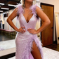 Robe de bal longue sans manches style sirène lilas chic à col en V avec fente, robe formelle nv224