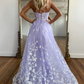 Robe de bal longue en dentelle sans bretelles lilas nv1025