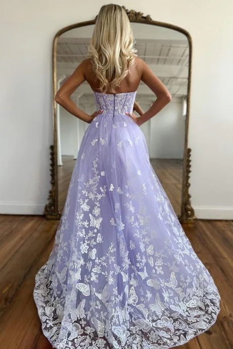Robe de bal longue en dentelle sans bretelles lilas nv1025
