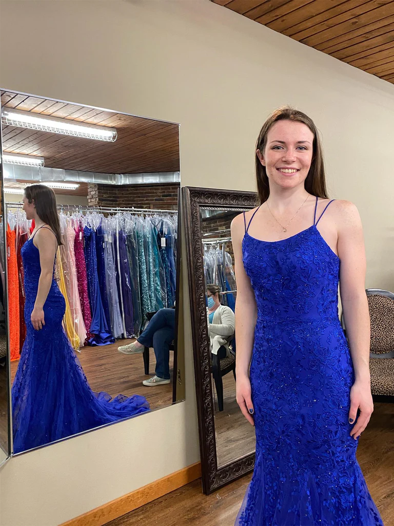 Robe de soirée longue en dentelle bleue dos nu sirène, robe de soirée sirène bleue, robe de soirée en dentelle bleue nv1042