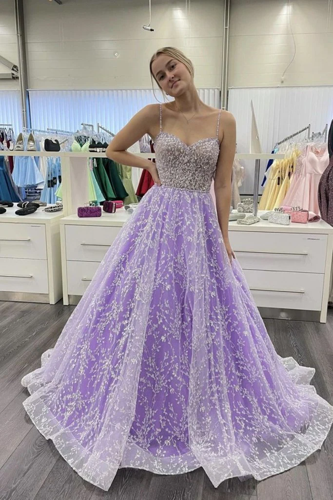 Wunderschönes lila Spitzen-Ballkleid mit Perlen, langes Ballkleid mit Herzausschnitt, nv814