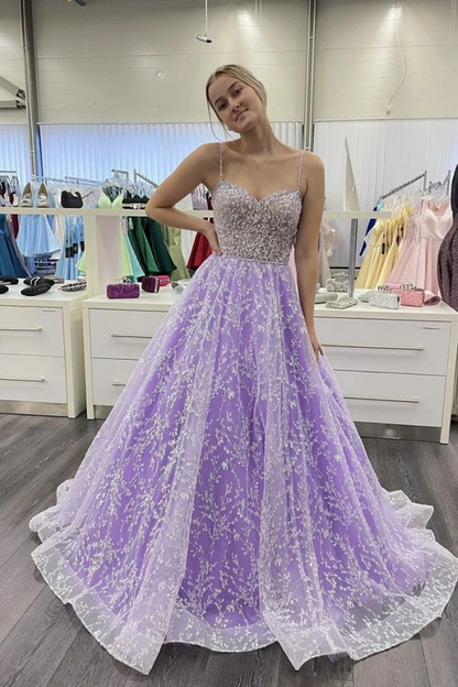 Wunderschönes lila Spitzen-Ballkleid mit Perlen, langes Ballkleid mit Herzausschnitt, nv814