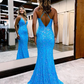 Robe de bal sirène scintillante à paillettes bleues et col en V nv953